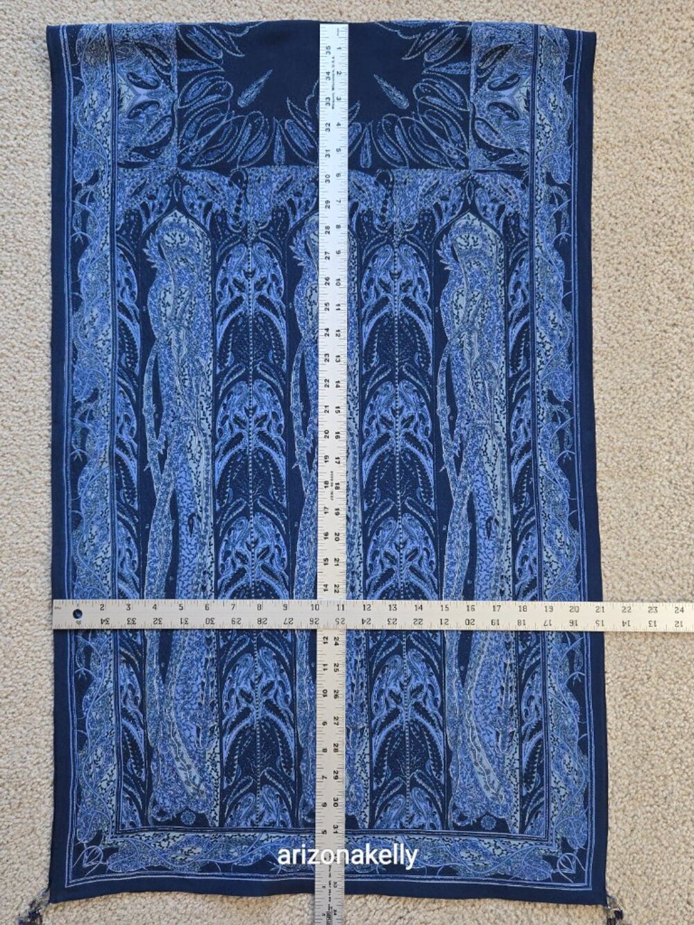 NWOT Blue Silk Oblong Scarf With Beads on Each Corner - Picture 15 of 16